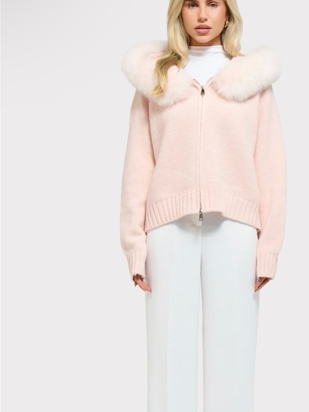 Soft Pink Faux-Fur Collar Zip Cardigan Sweater